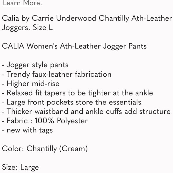 NWT Calia Journey Collection Faux Leather Cream High Rise Joggers Sz L - Picture 3 of 10